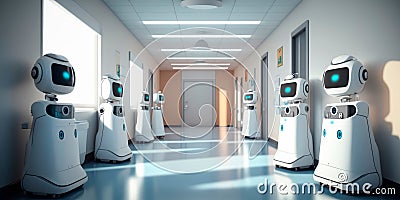 Assistant robots that provide medical assistance in hospitals and clinics Generative AI Stock Photo