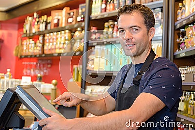 Assistant seller happy to help you Stock Photo