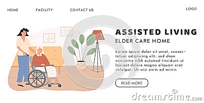 Assisted living and residential care facility vector banner template. Social worker taking care of disabled elderly Vector Illustration