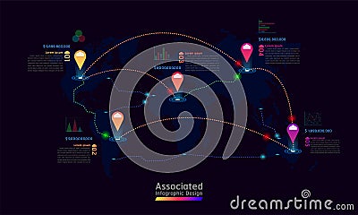 Associated company factory world map mark point infographic design with graph chart data vector illustration eps10 Vector Illustration