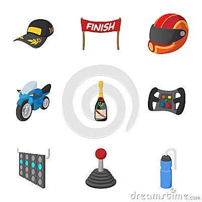 Association of racers icons set, cartoon style Vector Illustration