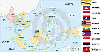 Association of southeast asian nations & x28;ASEAN& x29; map with flags Vector Illustration