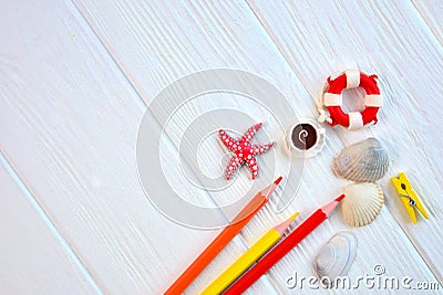 Associative with travel concept background. Bright summer objects lie on a fresh white wooden desk Stock Photo