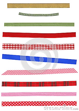 Assort of colorful beautiful ribbons. Many narrow strip of fabric in different patterns Stock Photo