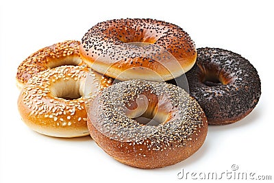 Assorted bagels on isolated white background. Neural network AI generated Stock Photo