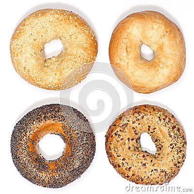 Assorted bagels sandwich for breakfast bagel from above isolated on a white background Stock Photo