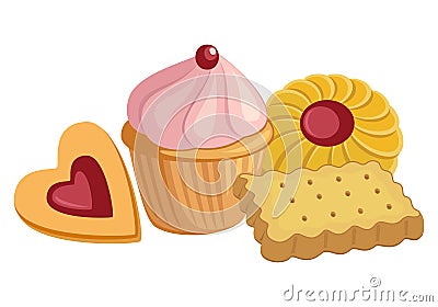 Assorted Biscuit, Cookies and Cupcake Food Collection. Vector Illustration