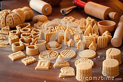 assorted biscuit cutters on dough ready to cut Stock Photo