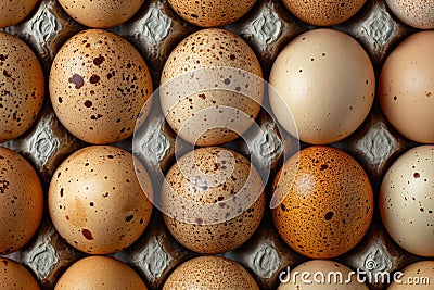 Assorted Brown and Speckled Eggs Neatly Arranged in a Carton Stock Photo