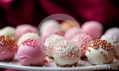 Assorted cake pops with elegant white and pink frosting and decorative sprinkles displayed against a blurred red background Stock Photo