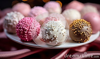 Assorted cake pops with elegant white and pink frosting and decorative sprinkles displayed against a blurred red background Stock Photo