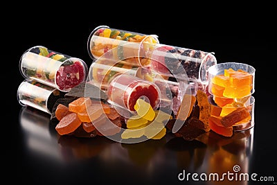 Assorted candies in test tube on black background. Selective focus, tape sweets, candied fruits, in the food industry, products Stock Photo