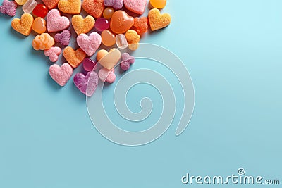 Assorted Candy Heart Shapes on Light Banner: Sweet Valentine's Day Treats. Cartoon Illustration
