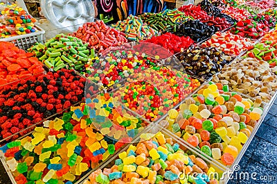 Assorted candy for sale at Mahane Yehudah market in Jerusalem, Israel Stock Photo