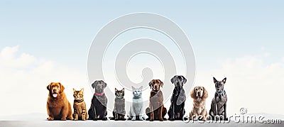 Assorted cats and dogs, big and small, isolated on white background with copy space, studio shot Stock Photo