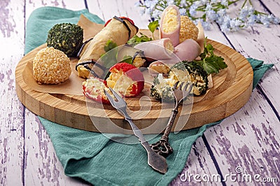 Assorted cheese in color breading Stock Photo