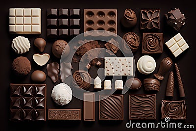 Assorted chocolate candies on dark background. Top view. Flat lay. Stock Photo
