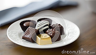 Assorted chocolate candies on a plate. Selective focus. Stock Photo