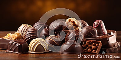 Assorted Chocolate pralines on brown background with copy space Stock Photo