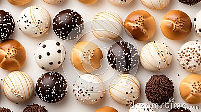 Assorted chocolates, airy cookies, bonbons, top view, close-up. Food background. Stock Photo