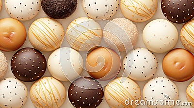 Assorted chocolates, airy cookies, bonbons, top view, close-up. Food background. Stock Photo