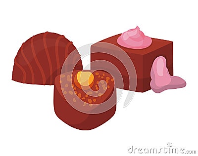 Assorted chocolates with nuts and strawberry cream topping. Delicious candy set for sweet tooth indulgence Cartoon Illustration