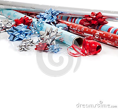 Assorted Christmas wrapping paper and ribbons Stock Photo