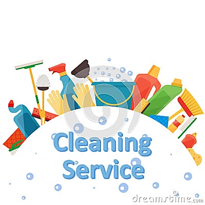 Assorted cleaning items set with brooms, bucket, mops, spray, brushes, sponges. Cleaning service. Cleaning accessories flat style Vector Illustration