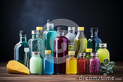 Assorted cleaning products on white surface, highlighted by blue gradient, wide copyroom Stock Photo