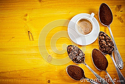 Assorted coffee beans and grounds with espresso Stock Photo