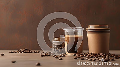 Assorted coffee cups and aromatic beans on a warm backdrop. a cozy coffee break scene for cafes and menus. simple Stock Photo