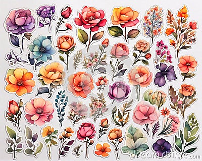 Assorted collection of colorful flower stickers in watercolor style for flower shop design background, generated by Cartoon Illustration