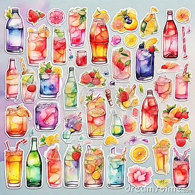 Assorted collection of 2D soft drink stickers in watercolor style, generated by AI Cartoon Illustration