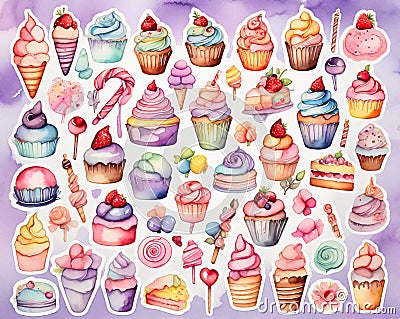 Assorted collection of tasty sweets stickers, pastel watercolor arrangement, generative ai Cartoon Illustration