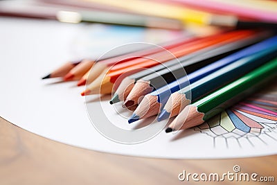 Assorted colored pencils in a row, closeup, School supplies. Stock Photo