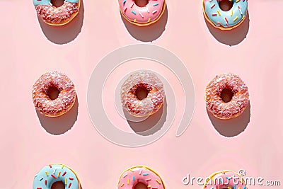 Assorted Colorful Donuts on Pastel Background Flat Lay Stock Photo