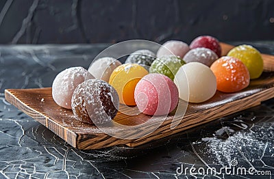Assorted colorful mochi ice cream on a wooden tray Stock Photo