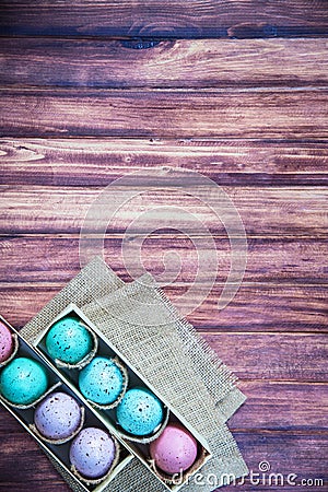 Assorted colorful painted easter eggs in a gift box, , with copy space Stock Photo