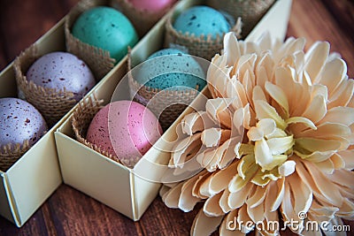 Assorted colorful painted easter eggs in a gift box Stock Photo