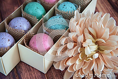 Assorted colorful painted easter eggs in a gift box Stock Photo