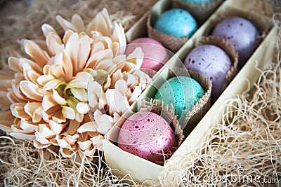 Assorted colorful painted easter eggs in a gift box Stock Photo