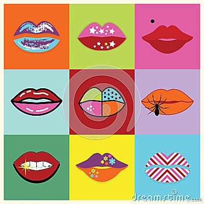 Assorted and colorful pop art women lips set poster Vector Illustration