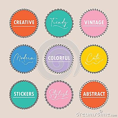 Assorted colorful round stickers emblems icons with different black pattern borders and strokes design elements set on beige Vector Illustration