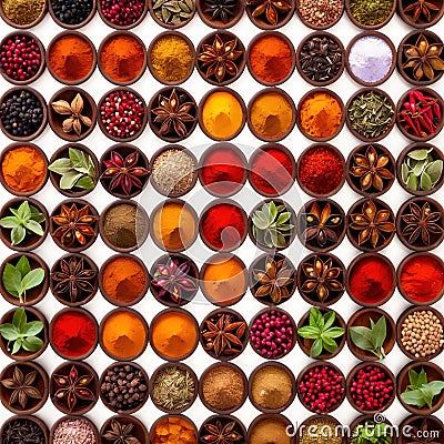 Assorted colorful spices and herbs, cookin ingredients in organized grid row, white background Stock Photo