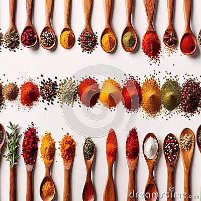 Assorted colorful spices and herbs, cookin ingredients in organized grid row, white background Stock Photo