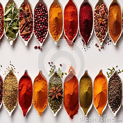 Assorted colorful spices and herbs, cookin ingredients in organized grid row, white background Stock Photo