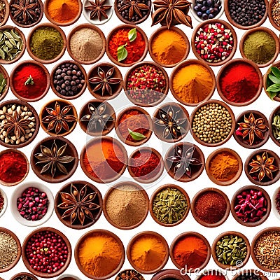 Assorted colorful spices and herbs, cookin ingredients in organized grid row, white background Stock Photo