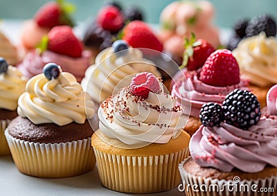 Assorted colorful sweet cupcakes with cream and decorations on table.Macro.AI Generative Stock Photo