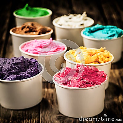 Assorted colorful tubs of fresh dairy ice cream Stock Photo