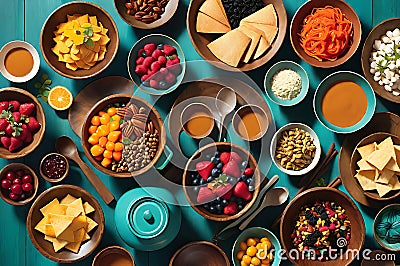 Assorted Containers Spilling with Gourmet Delicacies, Arrayed Against a Vibrant Teal Backdrop - Juxtaposition of Culinary Elegance Stock Photo